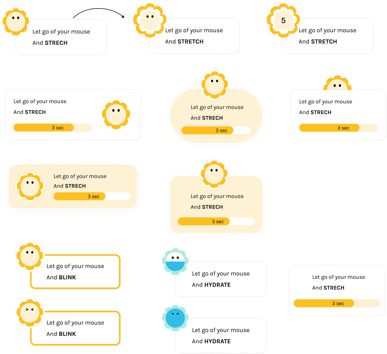 Ideation board — many variations of the pop-up reminder component with mascot, message and progress bar